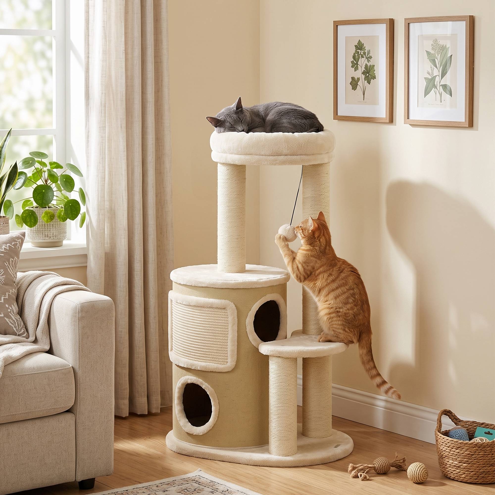 Arbre à chat tonneau 2 étages griffoirs sisal, plateforme griffoir balle, chats 5kg - Image 3