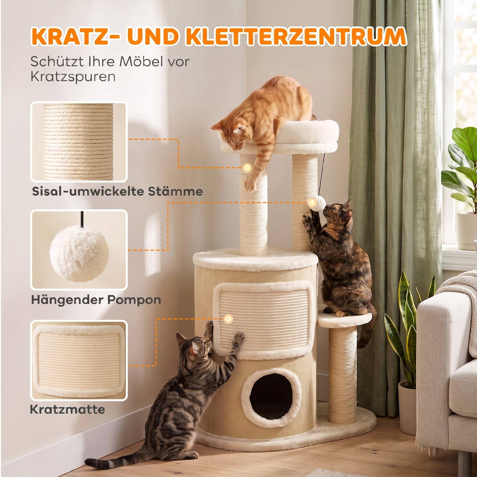 Arbre à chat tonneau 2 étages griffoirs sisal, plateforme griffoir balle, chats 5kg - Image 7