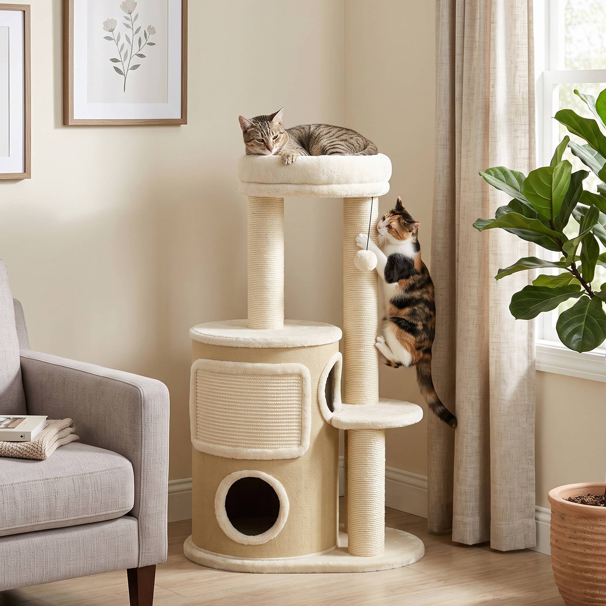 Arbre à chat tonneau 2 étages griffoirs sisal, plateforme griffoir balle, chats 5kg - Image 4