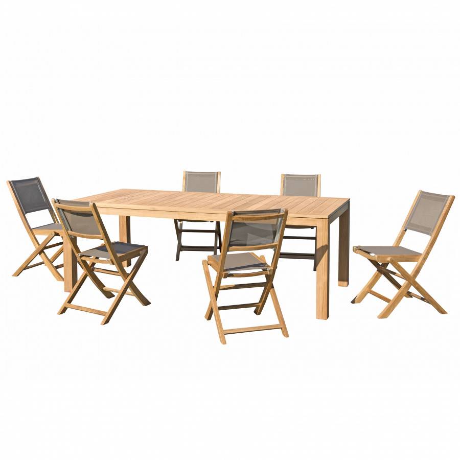 Macabane - HALICE - SALON DE JARDIN EN BOIS TECK 6/8 personnes - 1 Table rectangulaire 220*100 cm et 6 chaises textilène - Imagen 1
