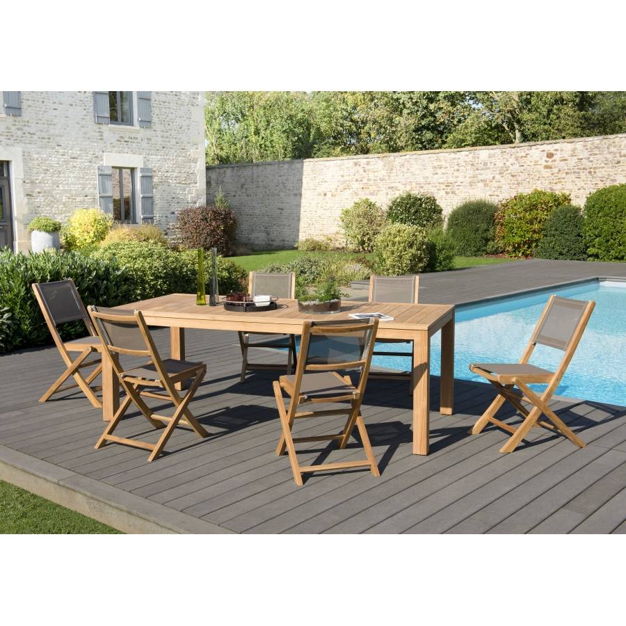 Macabane - HALICE - SALON DE JARDIN EN BOIS TECK 6/8 personnes - 1 Table rectangulaire 220*100 cm et 6 chaises textilène - Imagen 2