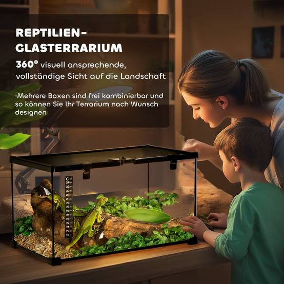 Terrarium pour reptiles, comprenant un thermomètre à bandelette et des trappes d'alimentation, 50 cm x 30 cm x 25 cm, verre et métal, noir - Image 6