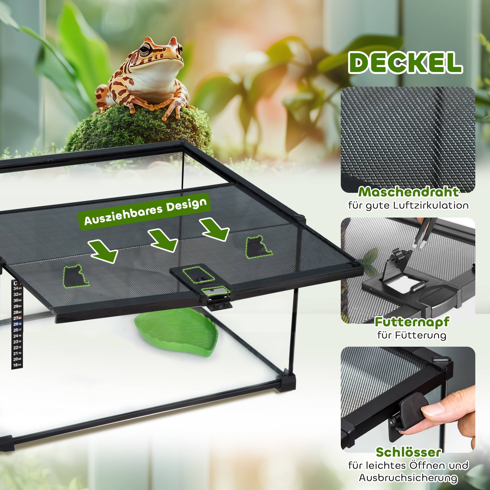 Terrarium pour reptiles, comprenant un thermomètre à bandelette et des trappes d'alimentation, 50 cm x 30 cm x 25 cm, verre et métal, noir - Image 7