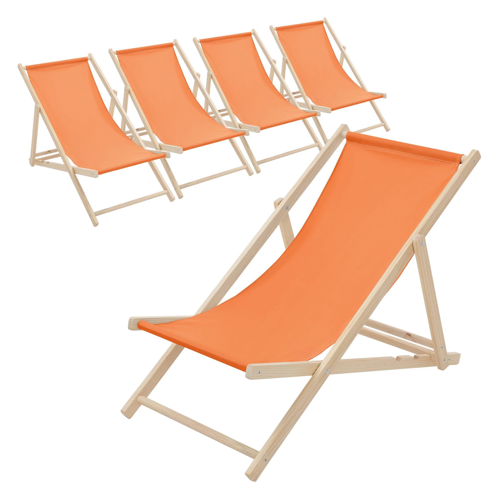 Ecd-Germany - Set 5x Chaise longue de jardin pliable orange en bois chiliennes 3 positions de couchage jusqu'à 120 kg usage intérieur extérieur balcon terrasse - Imagen 2