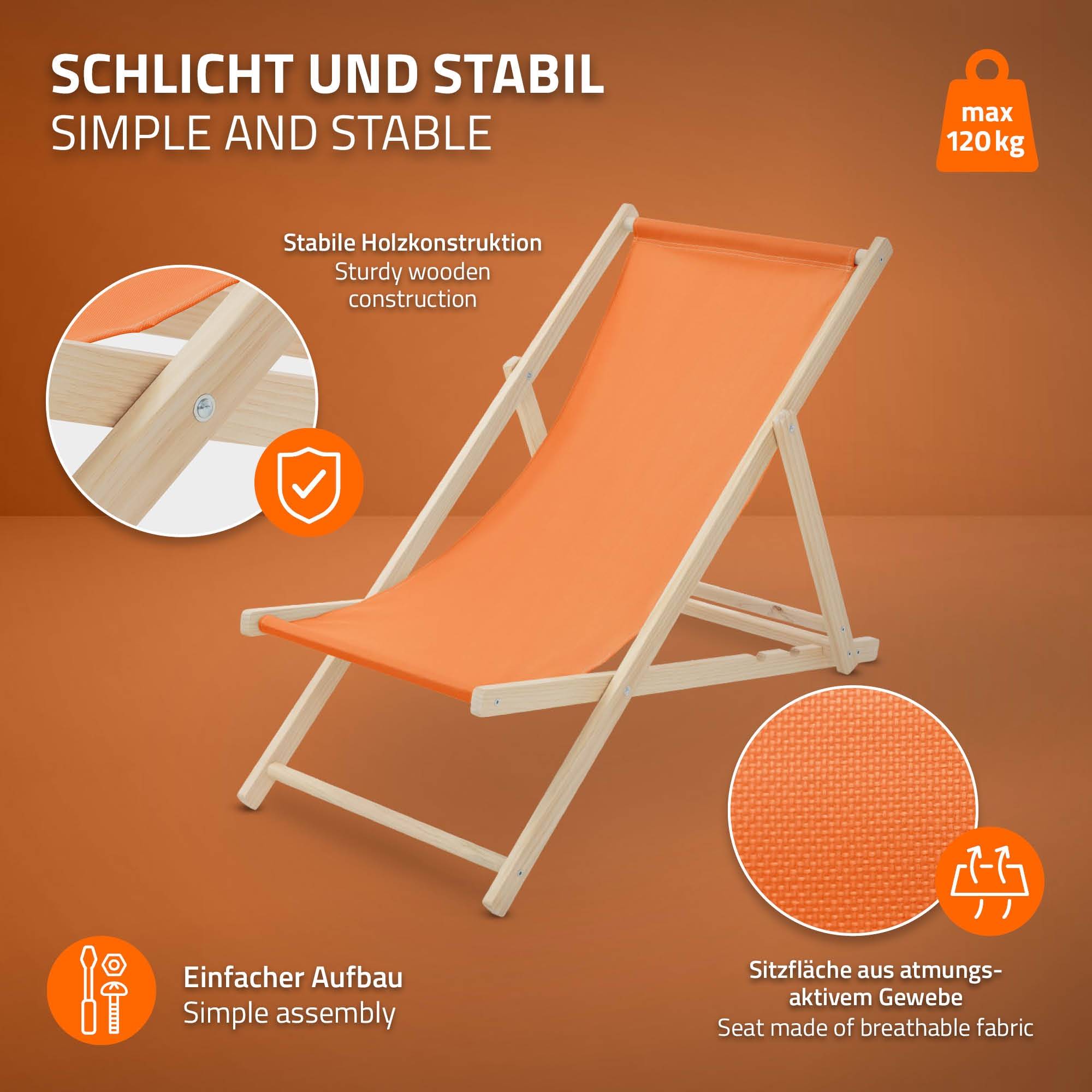 Ecd-Germany - Set 5x Chaise longue de jardin pliable orange en bois chiliennes 3 positions de couchage jusqu'à 120 kg usage intérieur extérieur balcon terrasse - Imagen 4