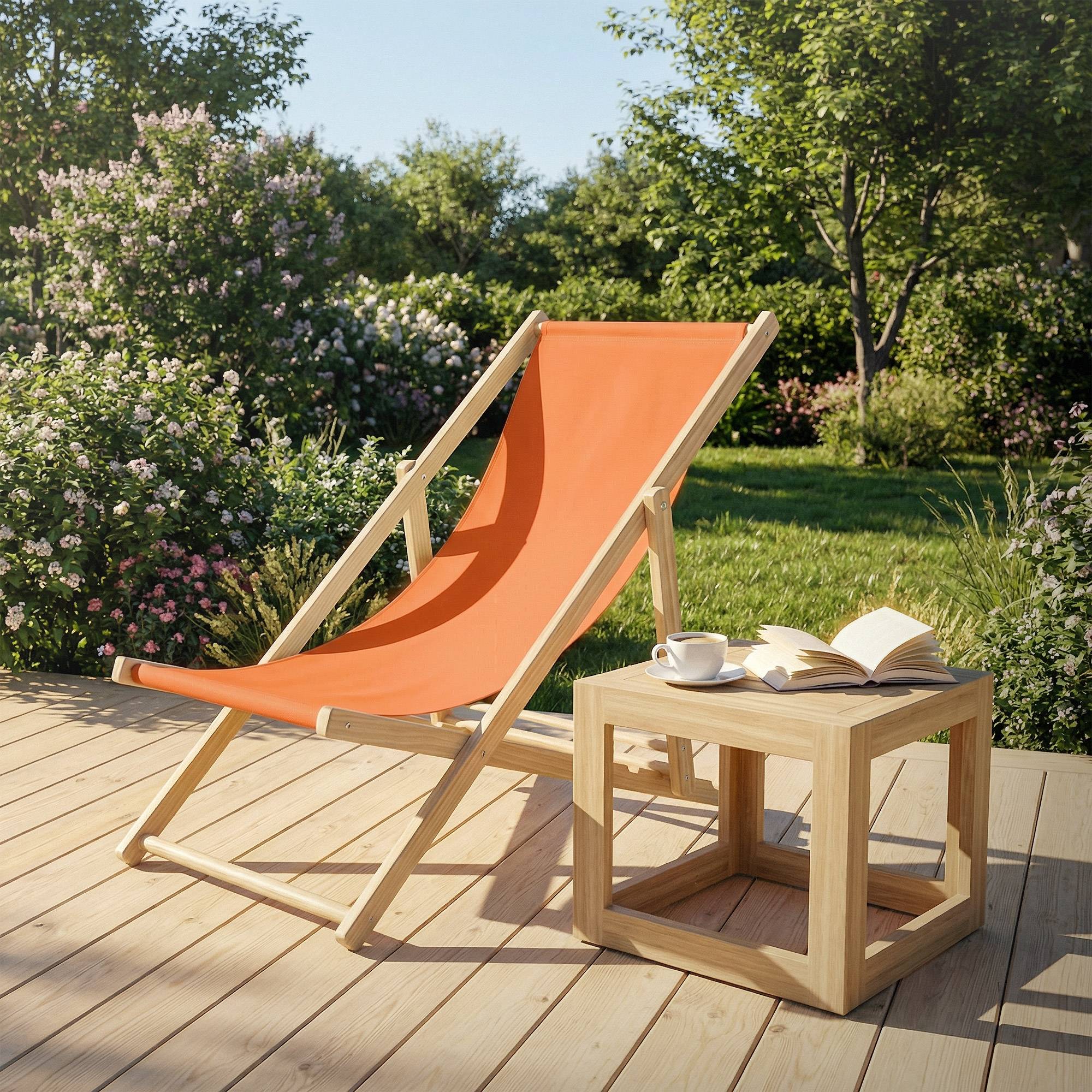 Ecd-Germany - Set 5x Chaise longue de jardin pliable orange en bois chiliennes 3 positions de couchage jusqu'à 120 kg usage intérieur extérieur balcon terrasse - Imagen 10