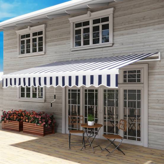 Sans Marque - Store banne rétractable à manivelle, armature métallique, polyester, bleu et blanc, 3,95 x 2,45 x 3,50 m - Image 4