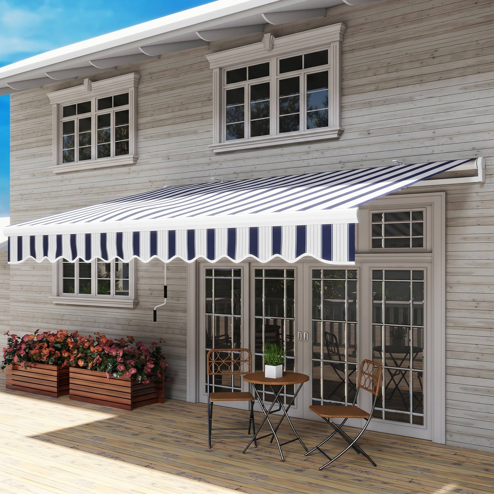 Sans Marque - Store banne rétractable à manivelle, armature métallique, polyester, bleu et blanc, 3,95 x 2,45 x 3,50 m - Image 4