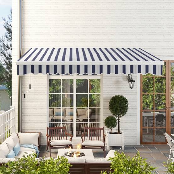 Sans Marque - Store banne rétractable à manivelle, armature métallique, polyester, bleu et blanc, 3,95 x 2,45 x 3,50 m - Image 3