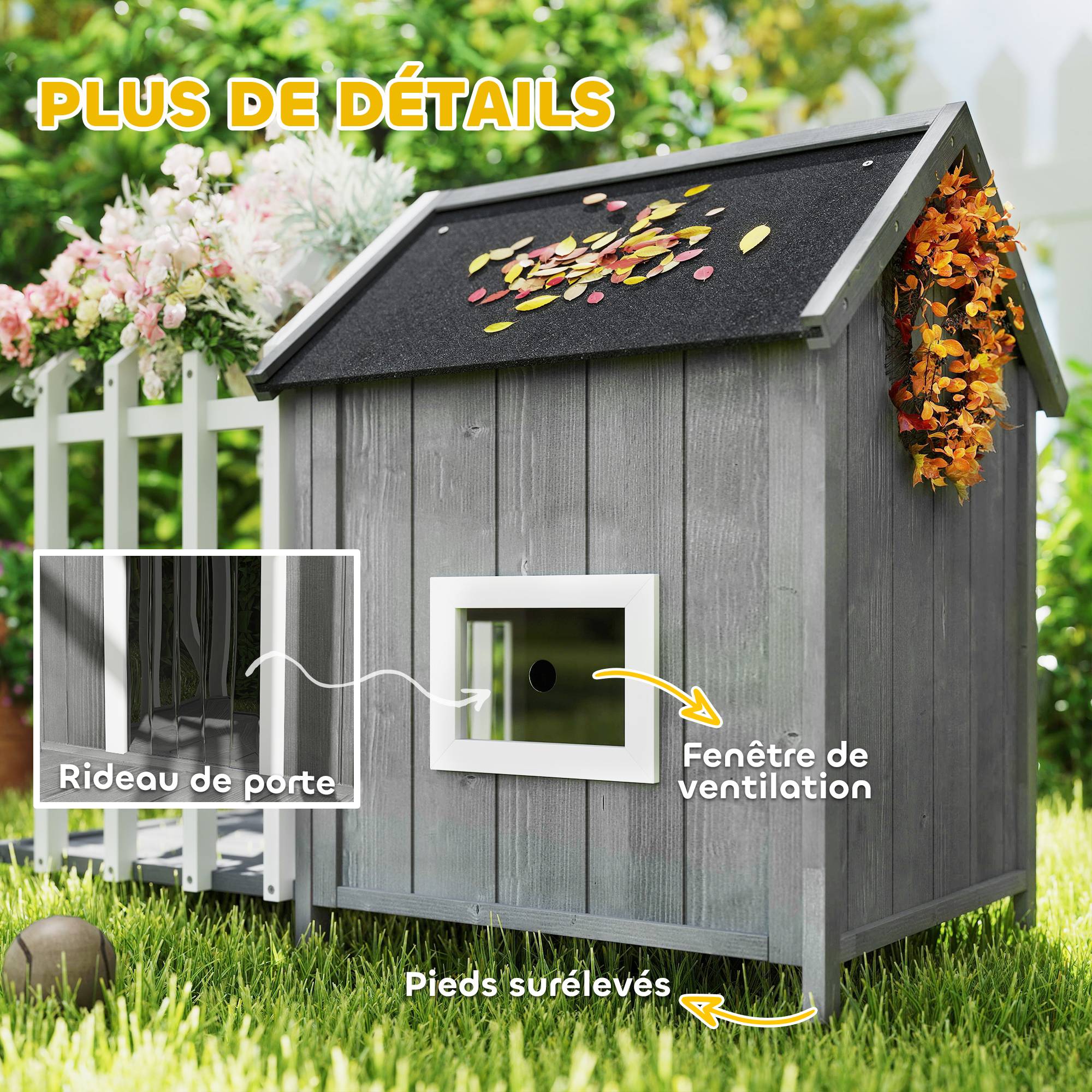Niche chien extérieur bois sapin petits chiens terrasse toit asphalte 106x62cm gris - ComfortXL Outdoor Living - Image 8
