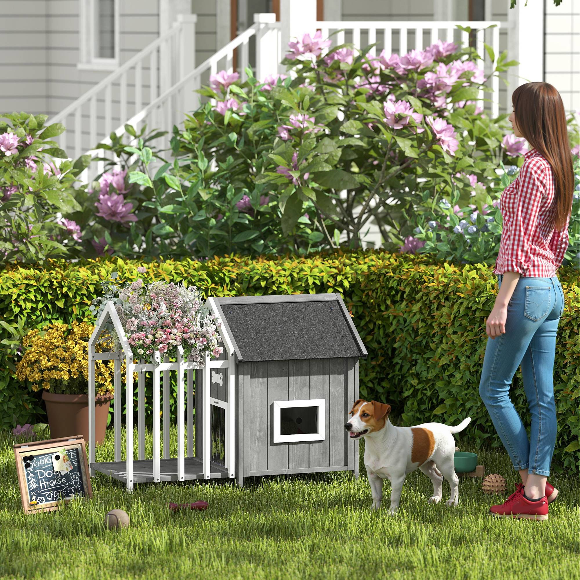 Niche chien extérieur bois sapin petits chiens terrasse toit asphalte 106x62cm gris - ComfortXL Outdoor Living - Image 4