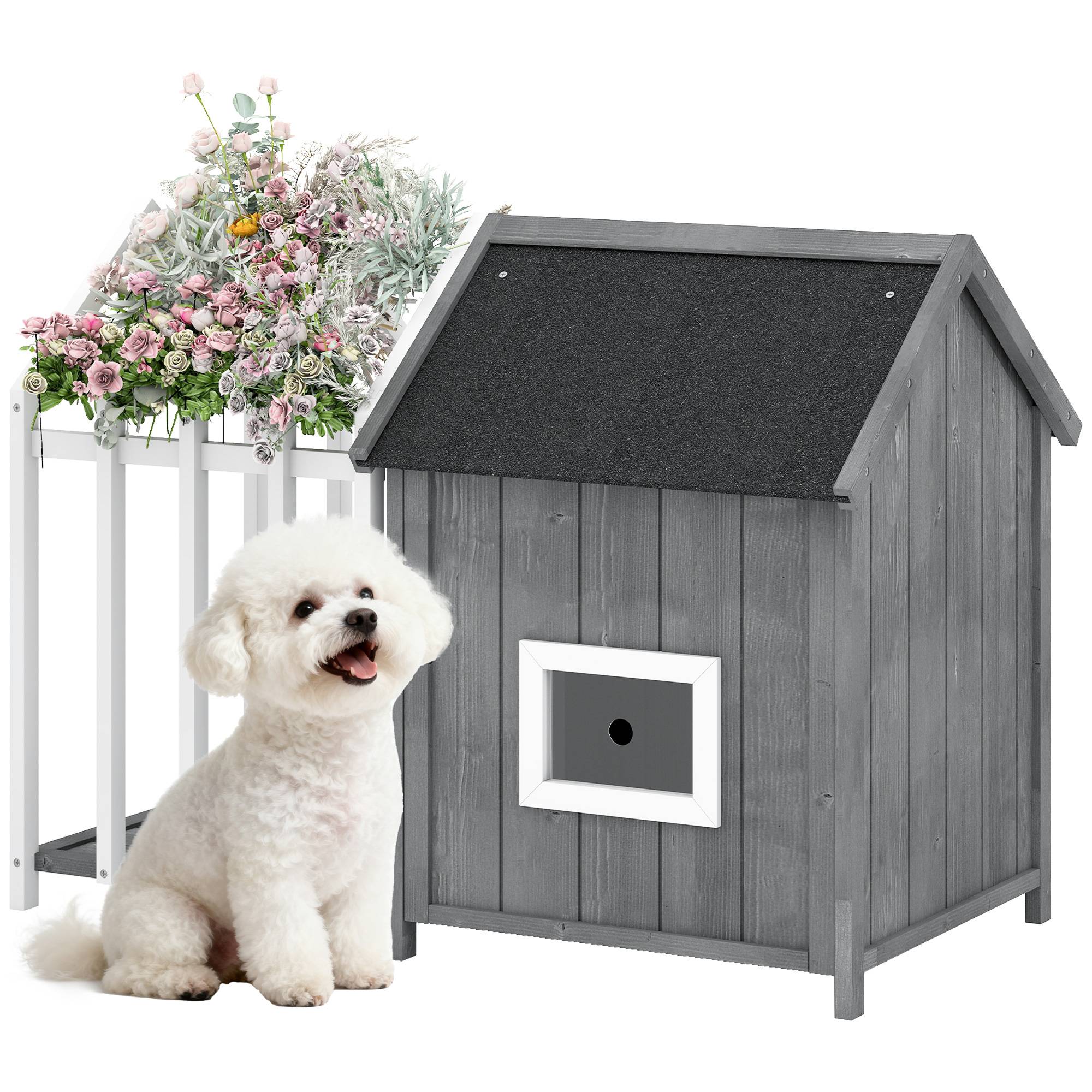 Niche chien extérieur bois sapin petits chiens terrasse toit asphalte 106x62cm gris - ComfortXL Outdoor Living - Image 1