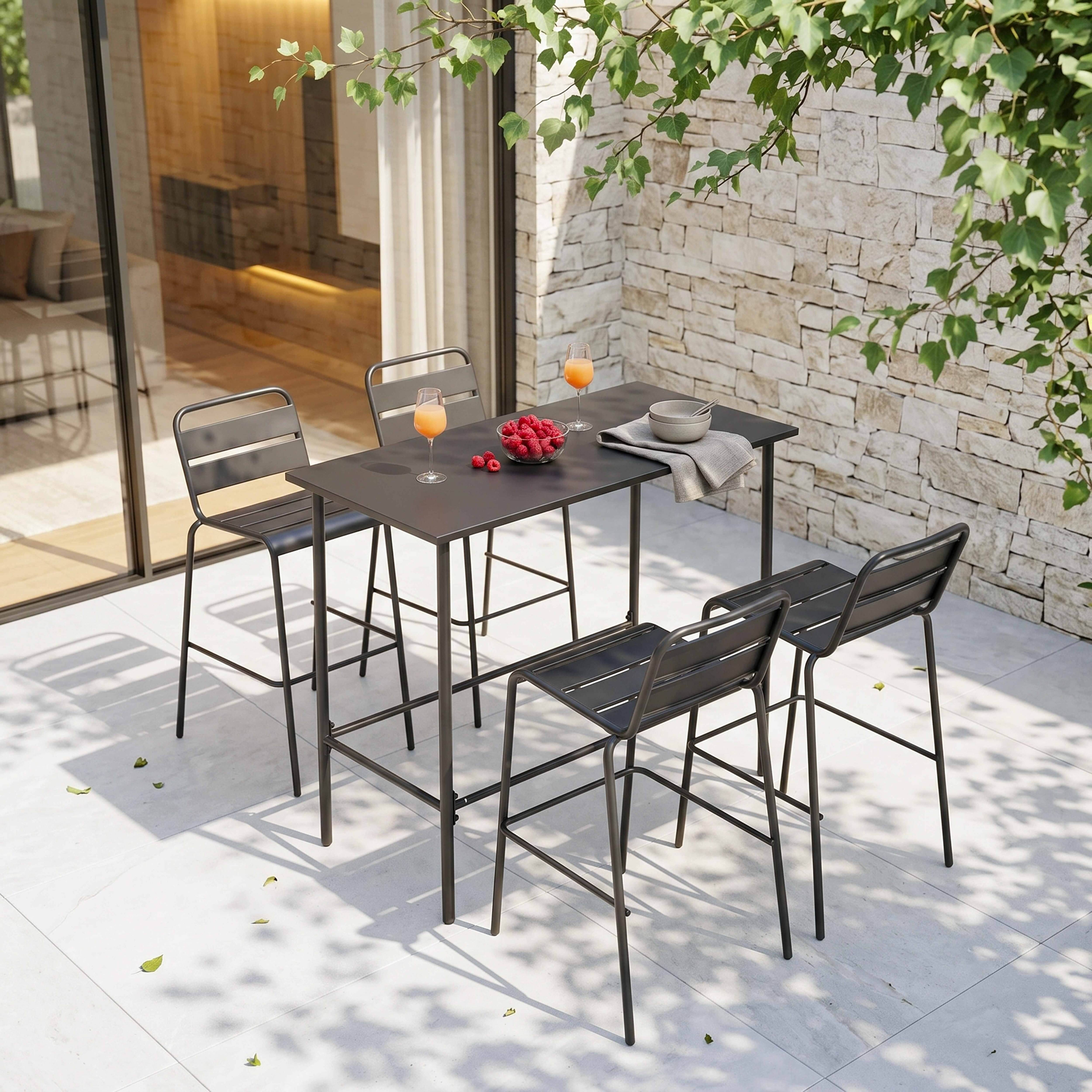 Oviala - Ensemble table haute et 4 chaises de bar en métal gris Palavas - Oviala - Imagen 2