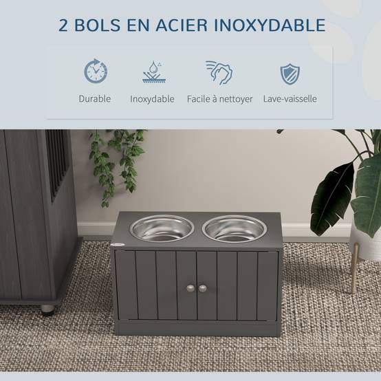 Gamelles Chiens Surélevées Gamelle Double Chien Chat Porte-Gamelles 2L Acier Inox 60 x 30 x 35,5 cm Gris - Image 6