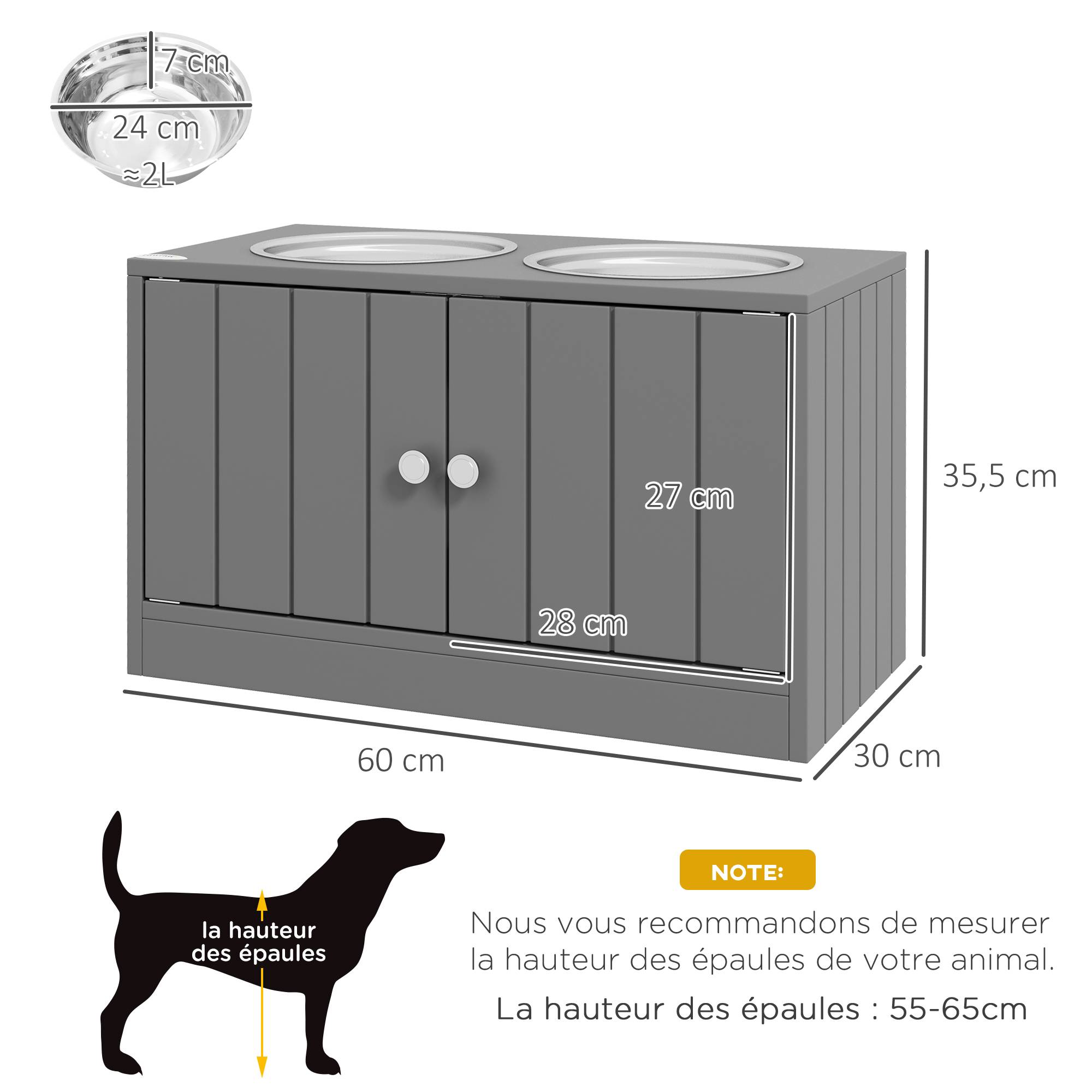 Gamelles Chiens Surélevées Gamelle Double Chien Chat Porte-Gamelles 2L Acier Inox 60 x 30 x 35,5 cm Gris - Image 5