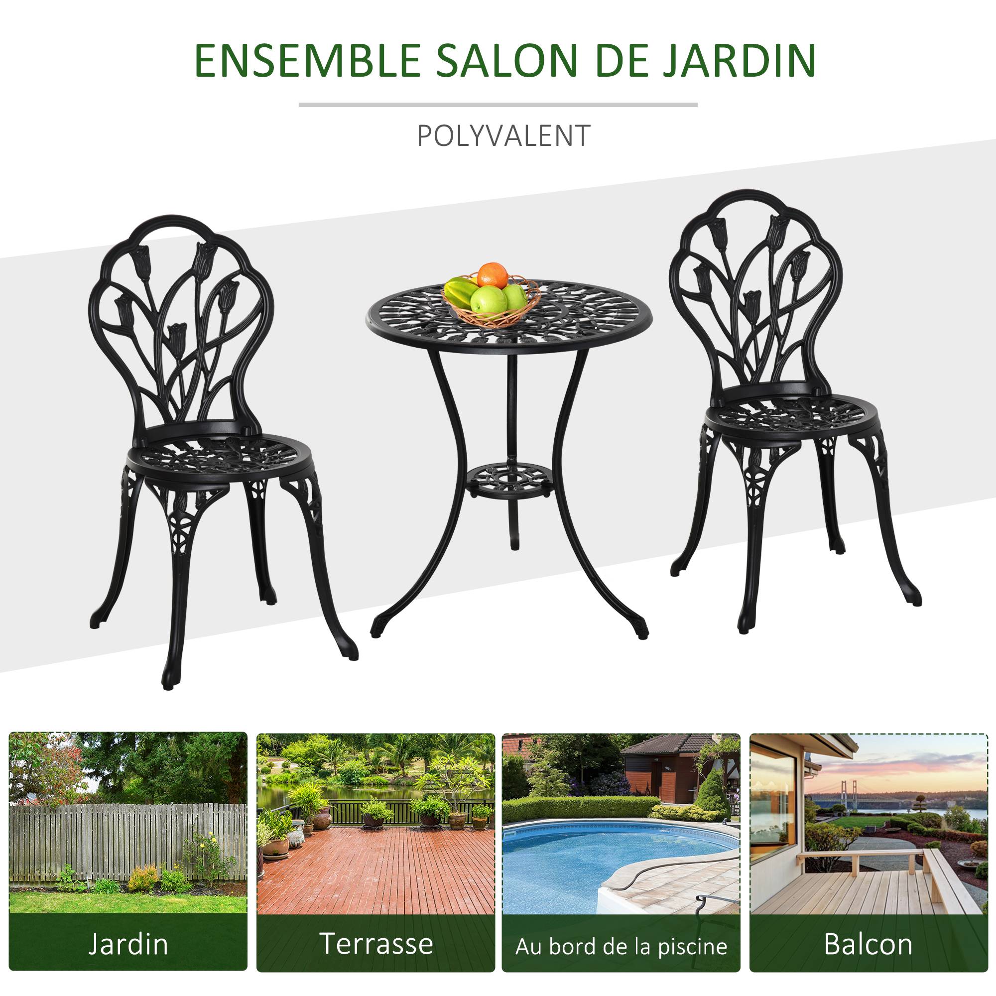 Outsunny - Ensemble salon de jardin 2 places 2 chaises + table ronde fonte d'aluminium imitation fer forgé noir - Outsunny - Imagen 7