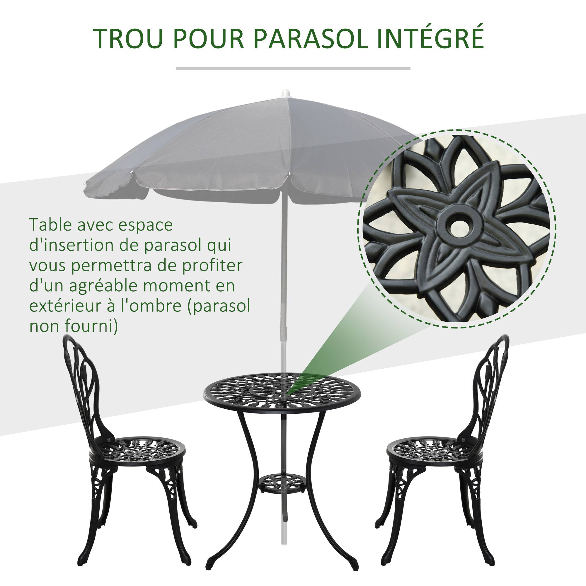 Outsunny - Ensemble salon de jardin 2 places 2 chaises + table ronde fonte d'aluminium imitation fer forgé noir - Outsunny - Imagen 6