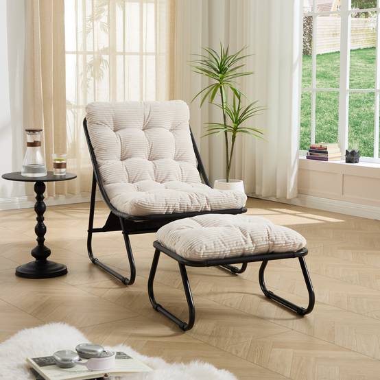 Fauteuil lounge patio inclinable avec pouf cadre noir coussin blanc moelleux avec repose-pieds pour salon chambre lecture - Image 2