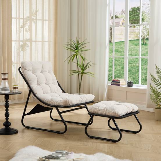 Fauteuil lounge patio inclinable avec pouf cadre noir coussin blanc moelleux avec repose-pieds pour salon chambre lecture - Image 9
