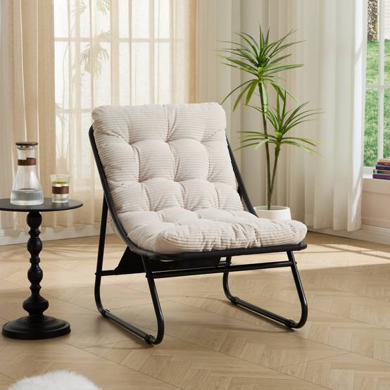 Fauteuil lounge patio inclinable avec pouf cadre noir coussin blanc moelleux avec repose-pieds pour salon chambre lecture - Image 4