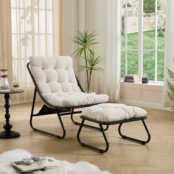 Fauteuil lounge patio inclinable avec pouf cadre noir coussin blanc moelleux avec repose-pieds pour salon chambre lecture - Image 1