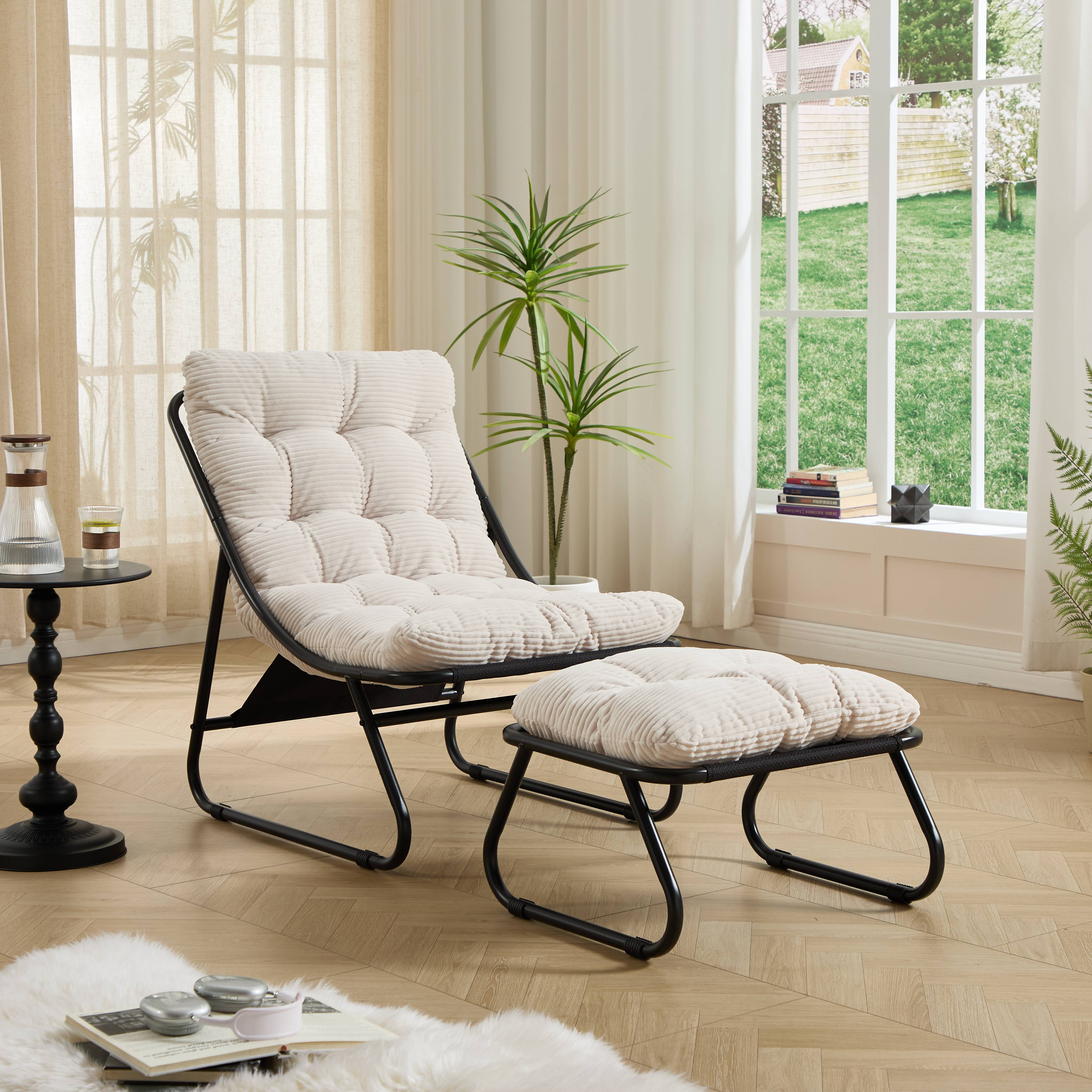 Fauteuil lounge patio inclinable avec pouf cadre noir coussin blanc moelleux avec repose-pieds pour salon chambre lecture - Image 1