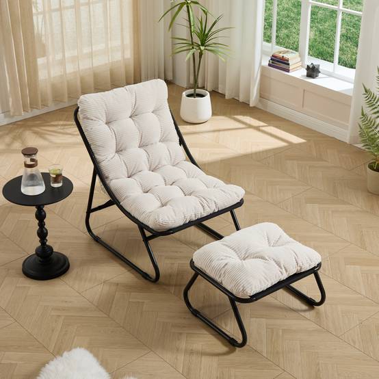 Fauteuil lounge patio inclinable avec pouf cadre noir coussin blanc moelleux avec repose-pieds pour salon chambre lecture - Image 3