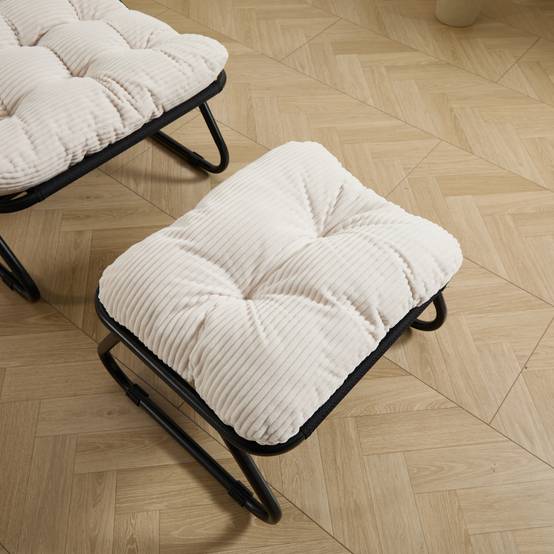 Fauteuil lounge patio inclinable avec pouf cadre noir coussin blanc moelleux avec repose-pieds pour salon chambre lecture - Image 6