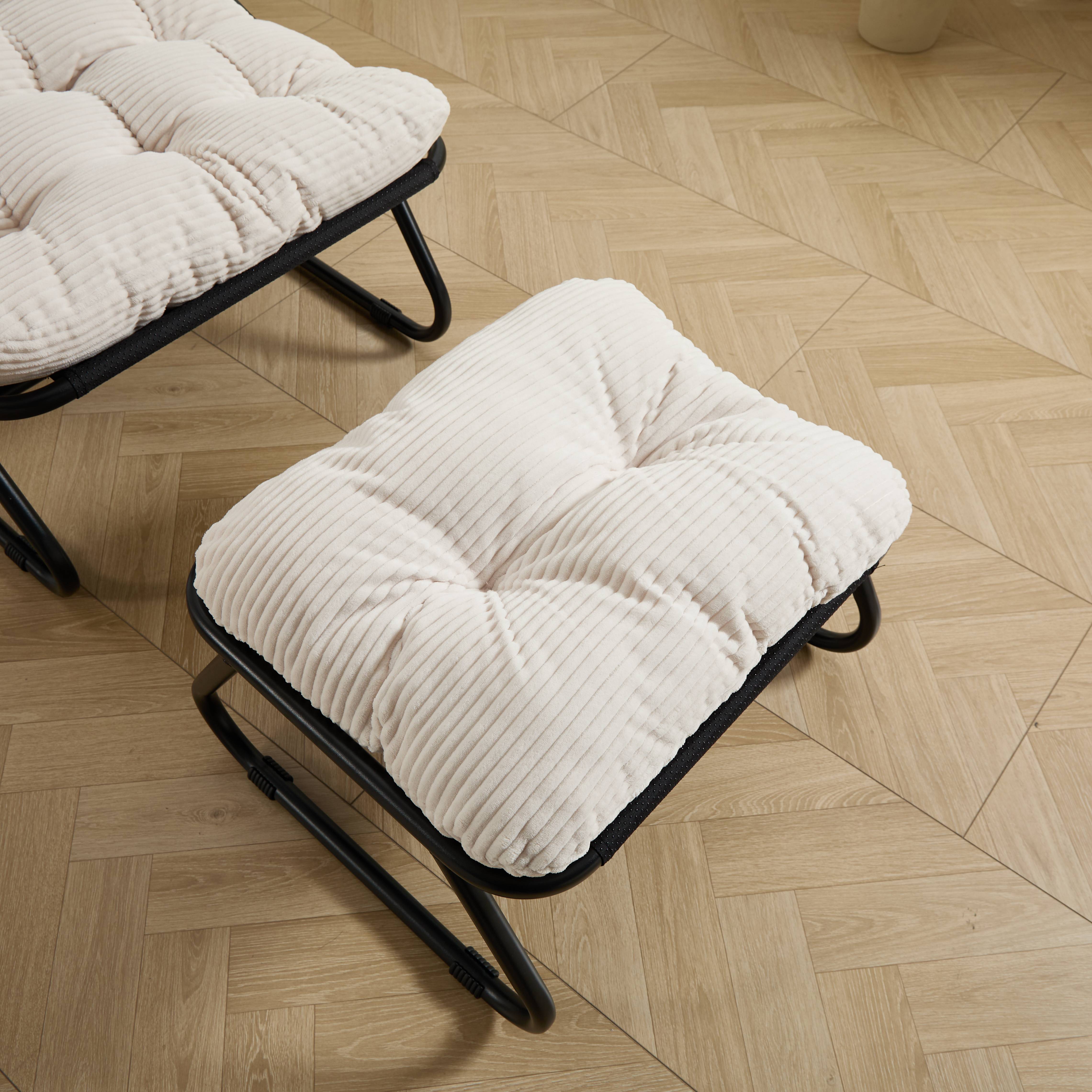 Fauteuil lounge patio inclinable avec pouf cadre noir coussin blanc moelleux avec repose-pieds pour salon chambre lecture - Image 6
