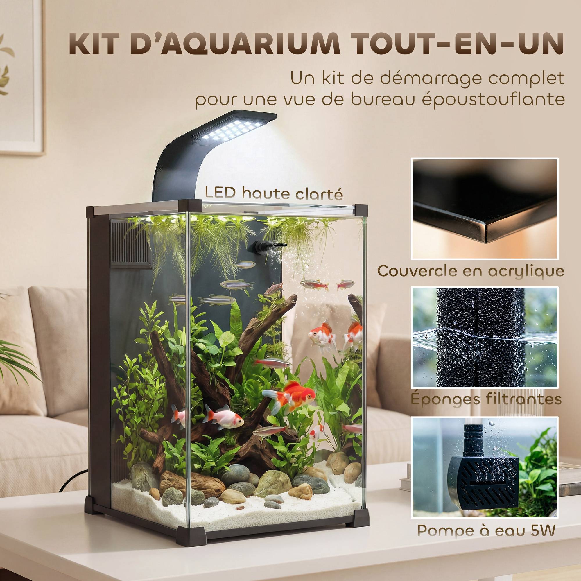 Nano aquarium verre trempé pour poissons kit complet filtre pompe éclairage LED noir - ComfortXL Outdoor Living - Image 6