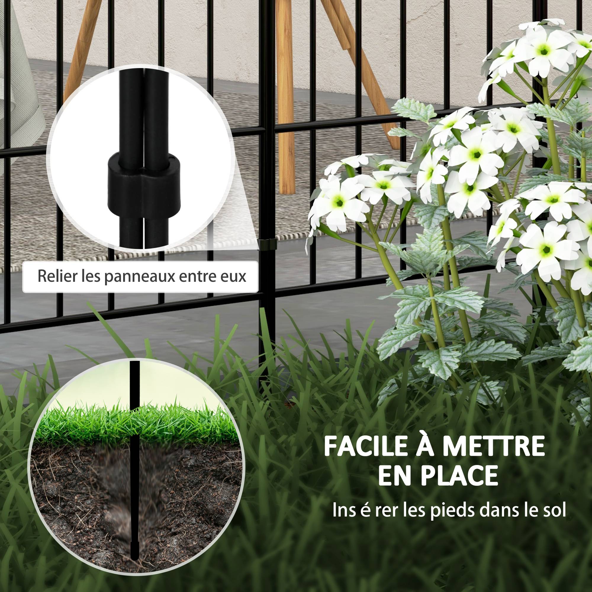 Lot de 8 clôtures de jardin décoratives, bordures en métal noir avec ornements - 264 x 61 cm noir - Image 6