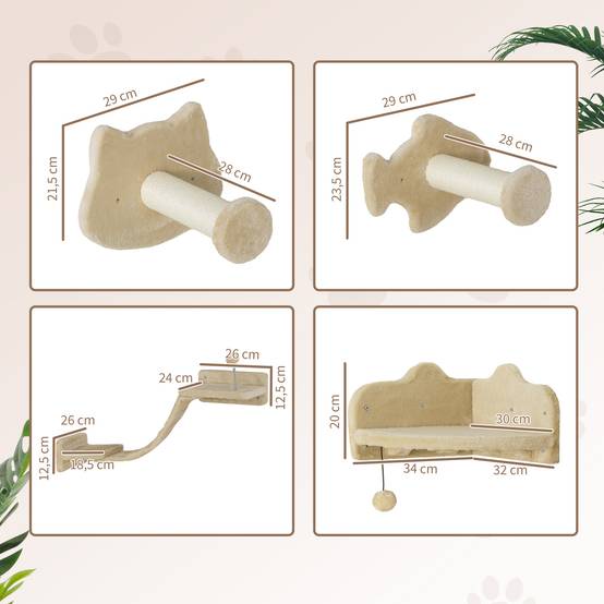 Parcours Mural pour Chat 4 Pièces avec Griffoirs Sisal Étagères et Plateformes Beige - ComfortXL Outdoor Living - Image 5