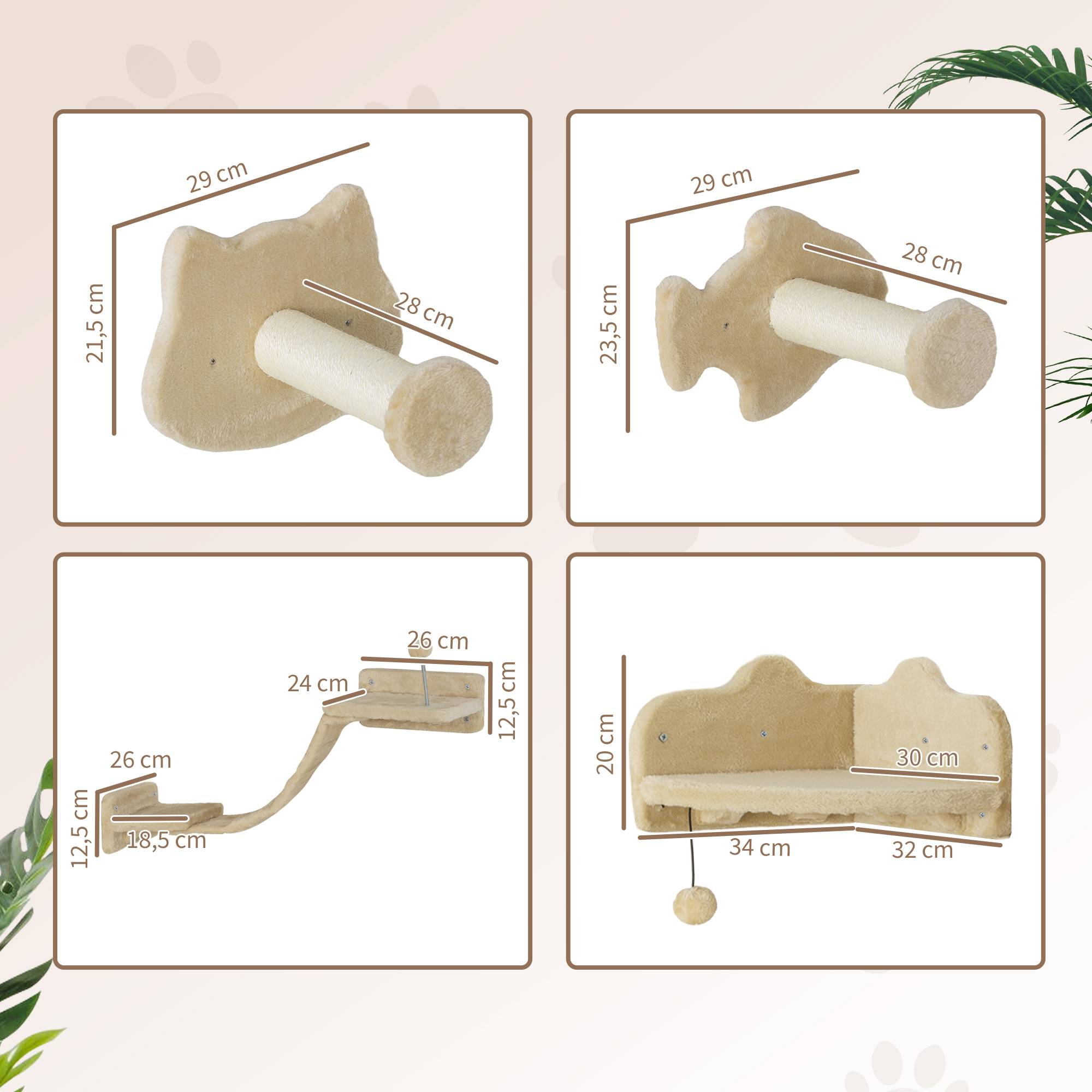 Parcours Mural pour Chat 4 Pièces avec Griffoirs Sisal Étagères et Plateformes Beige - ComfortXL Outdoor Living - Image 5