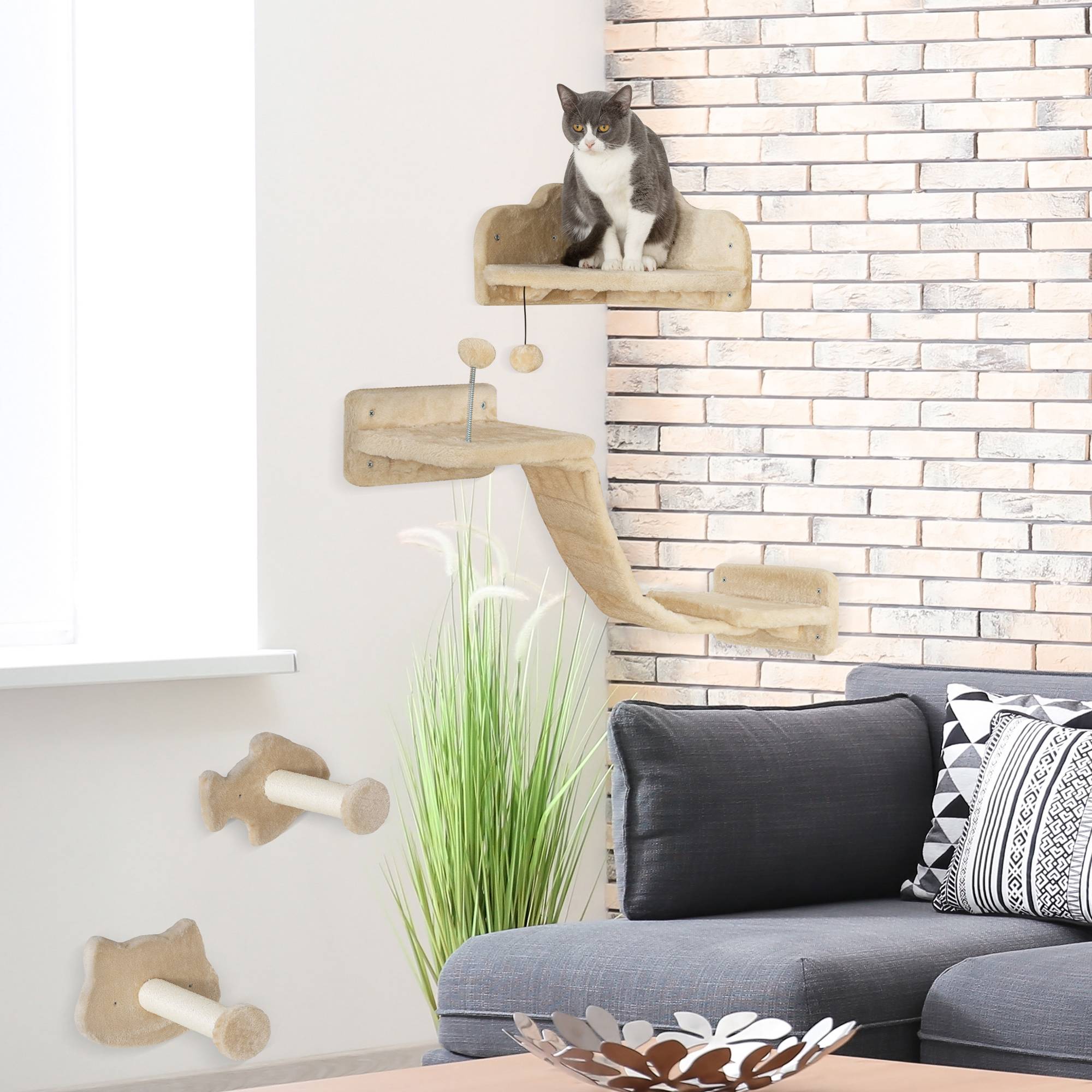 Parcours Mural pour Chat 4 Pièces avec Griffoirs Sisal Étagères et Plateformes Beige - ComfortXL Outdoor Living - Image 3