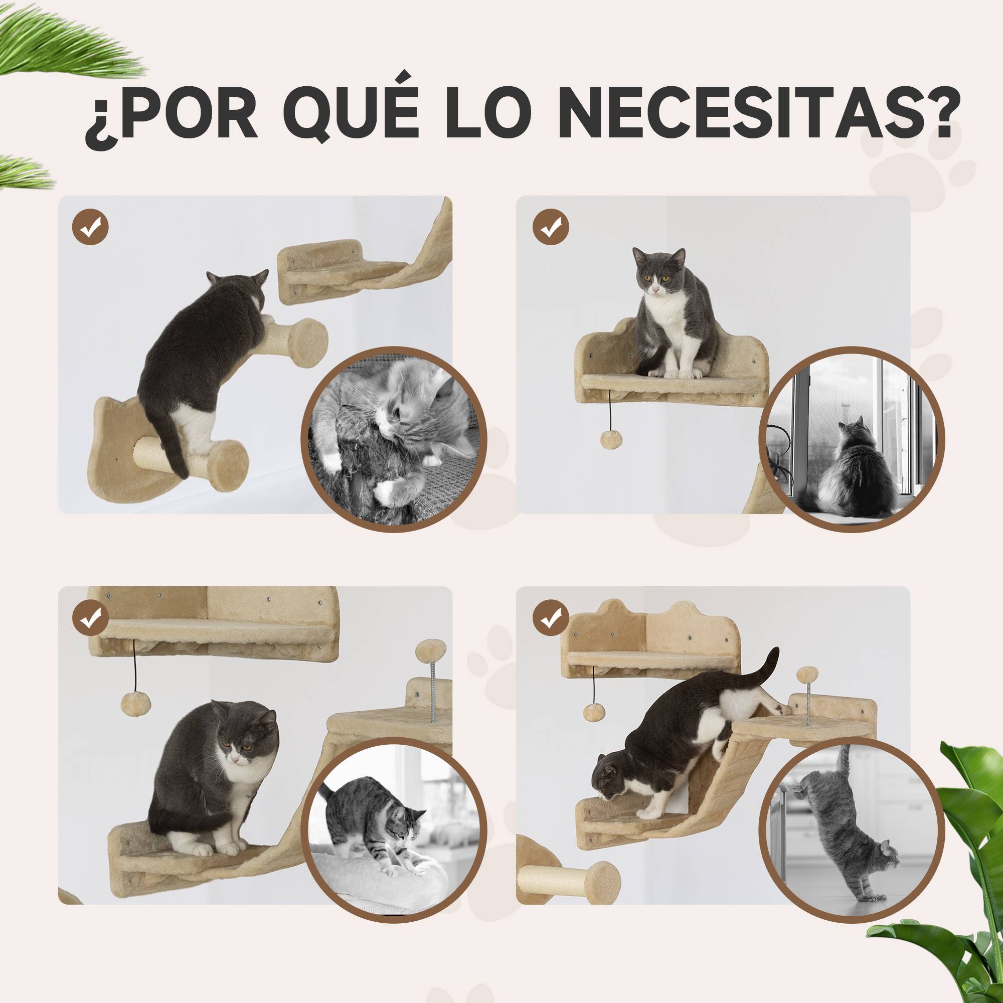 Parcours Mural pour Chat 4 Pièces avec Griffoirs Sisal Étagères et Plateformes Beige - ComfortXL Outdoor Living - Image 8