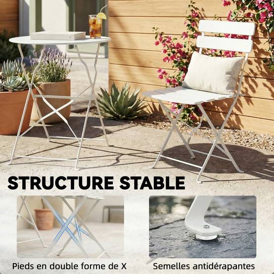 ComfortXL - Salon jardin bistrot métal pliable pour 2 personnes protection antirouille crème - ComfortXL Outdoor Living - Image 10