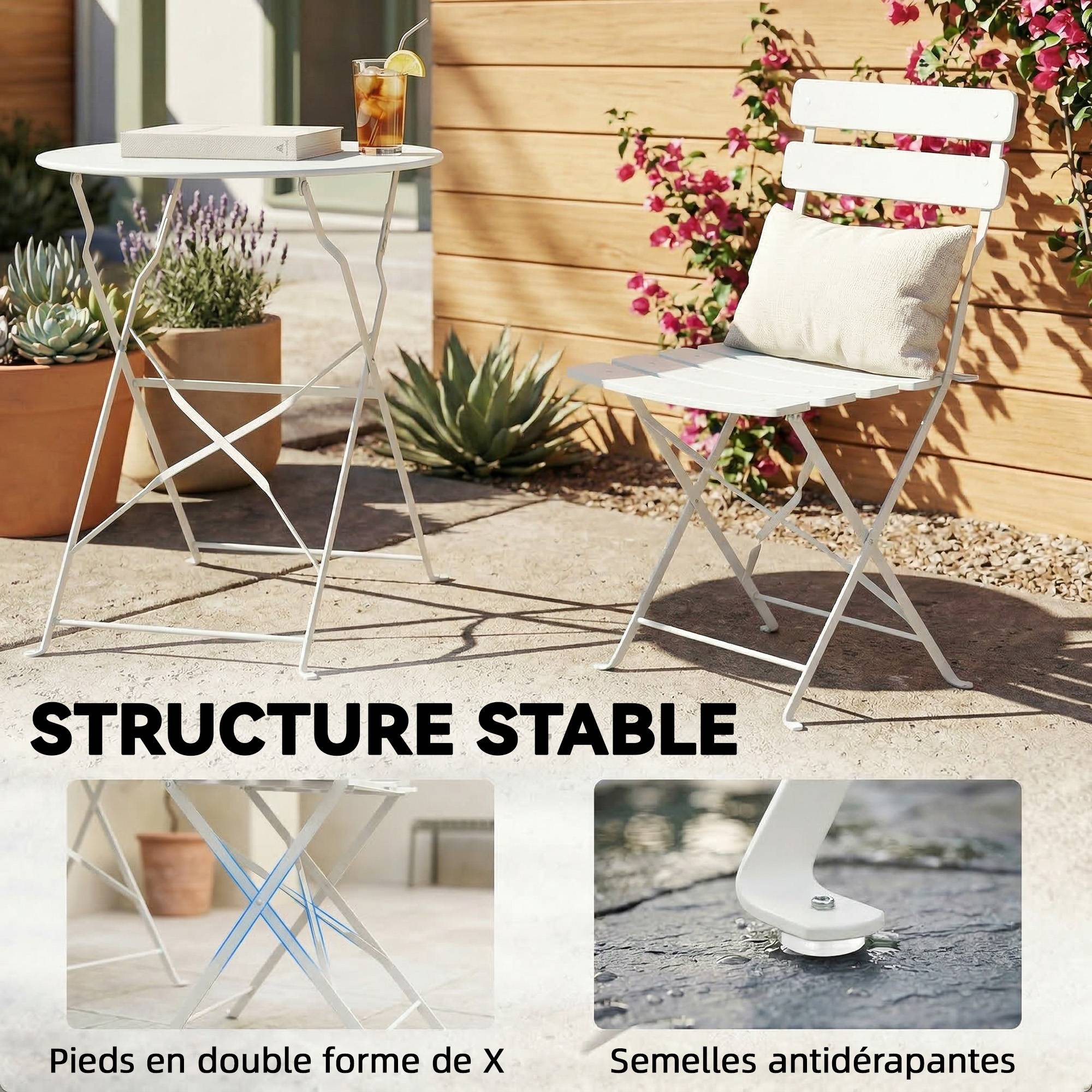 ComfortXL - Salon jardin bistrot métal pliable pour 2 personnes protection antirouille crème - ComfortXL Outdoor Living - Image 10
