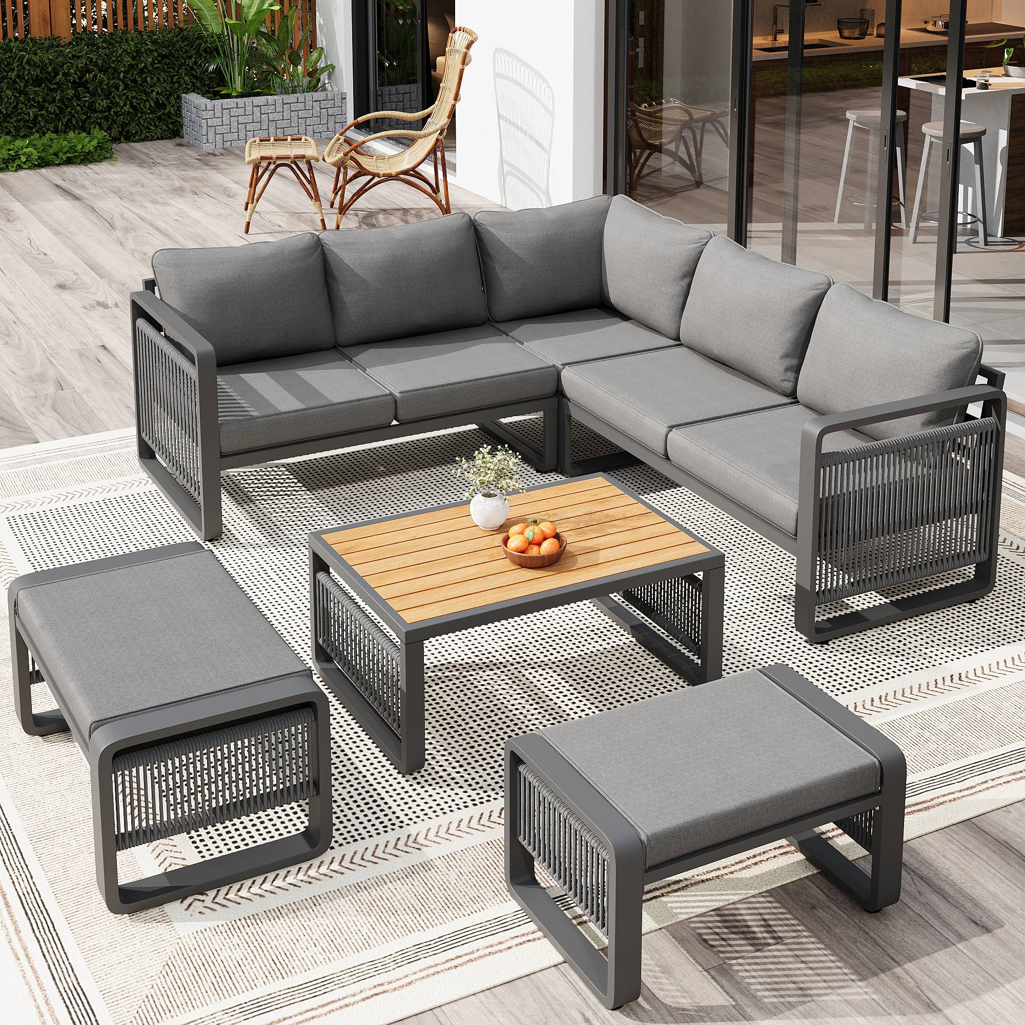 Salon de jardin angle métal et corde terrasse extérieur modulable 7 places gris - ComfortXL Outdoor Living - Image 10