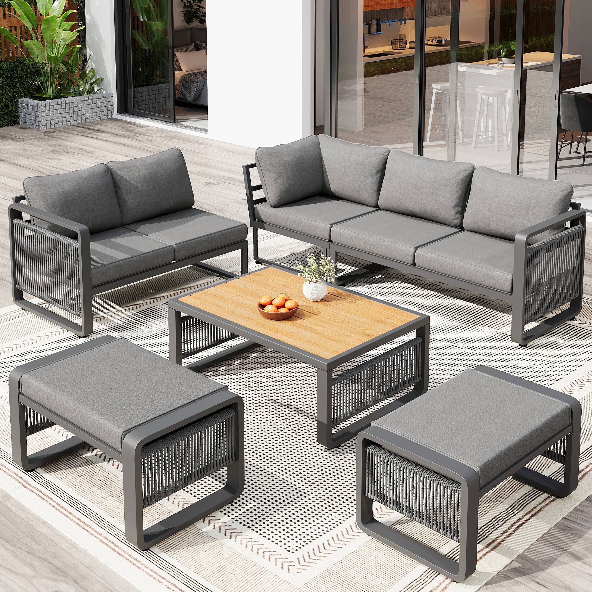 Salon de jardin angle métal et corde terrasse extérieur modulable 7 places gris - ComfortXL Outdoor Living - Image 1