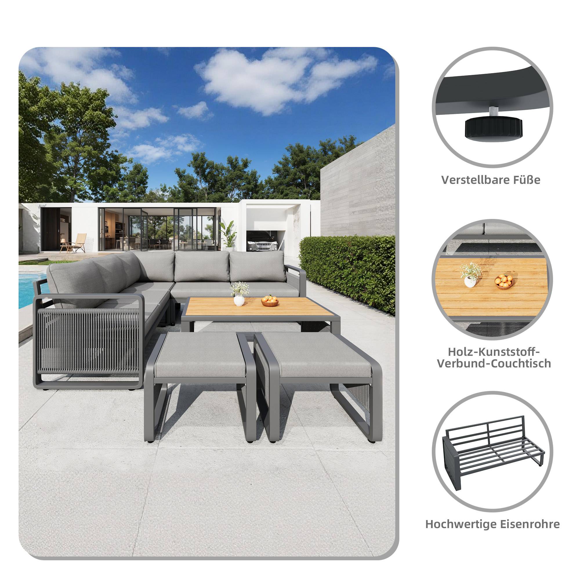 Salon de jardin angle métal et corde terrasse extérieur modulable 7 places gris - ComfortXL Outdoor Living - Image 4