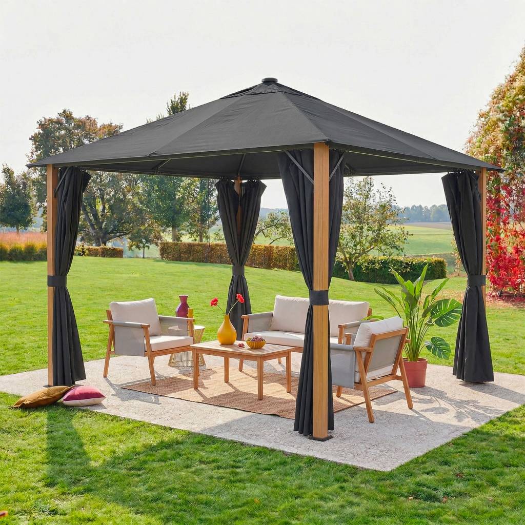 Tonnelle 3x3m aluminium effet bois avec rideaux et led anthracite - Veluna | sweeek