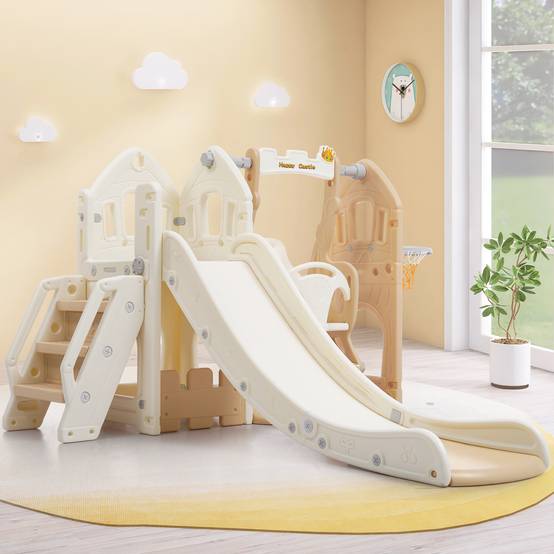 Toboggan enfant 5 en 1 plastique HDPE, aire de jeux jardin avec panier de basket, télescope, pour intérieur et extérieur jaune vert Toboggan enfant 5 en 1 plastique HDPE, aire de jeux jardin avec panier de basket, télescope, pour intérieur et extérieur jaune vert