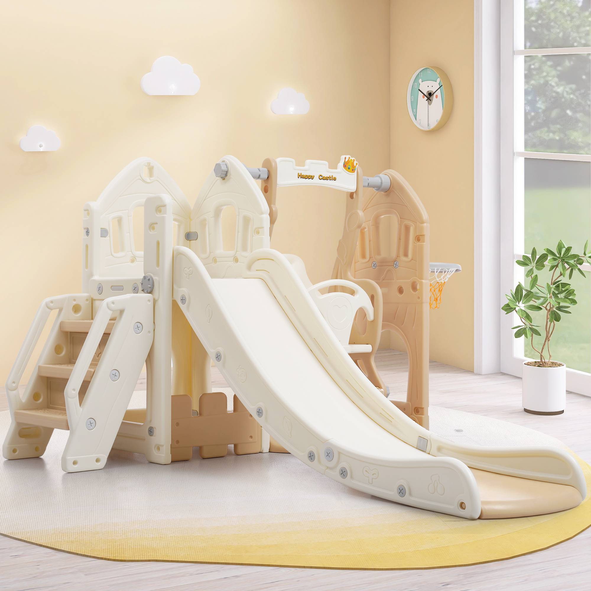 Toboggan enfant 5 en 1 plastique HDPE, aire de jeux jardin avec panier de basket, télescope, pour intérieur et extérieur jaune vert