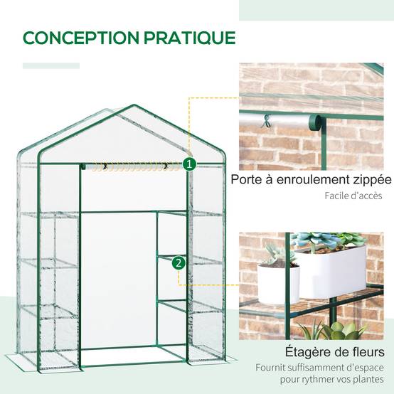 Outsunny - Serre de jardin balcon avec 4 étagères 143x73x195cm porte zippée enroulable, pour plantes fleurs intérieur/extérieur acier transparent - Outsunny - Image 5