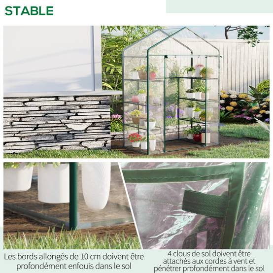 Outsunny - Serre de jardin balcon avec 4 étagères 143x73x195cm porte zippée enroulable, pour plantes fleurs intérieur/extérieur acier transparent - Outsunny - Image 6