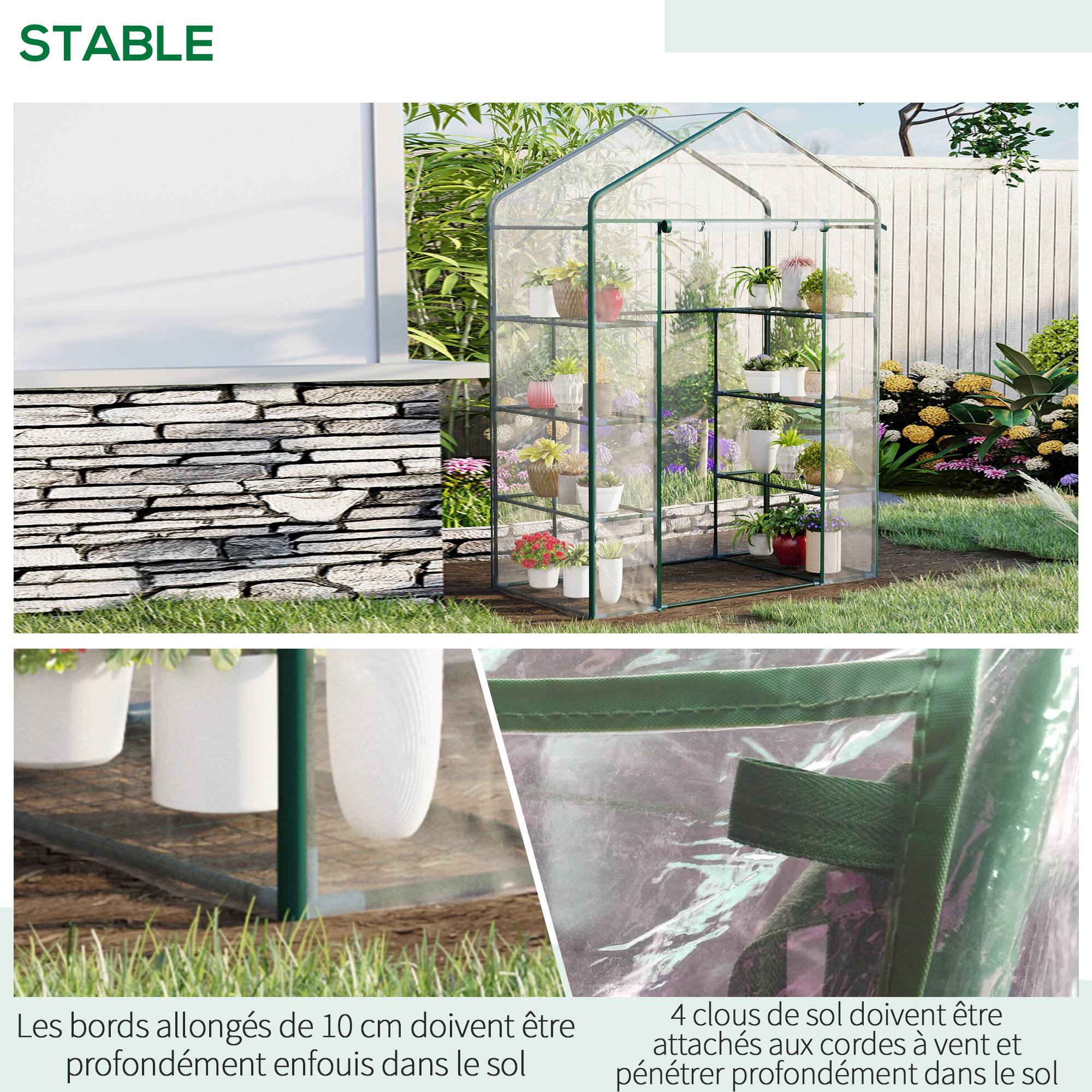 Outsunny - Serre de jardin balcon avec 4 étagères 143x73x195cm porte zippée enroulable, pour plantes fleurs intérieur/extérieur acier transparent - Outsunny - Image 6