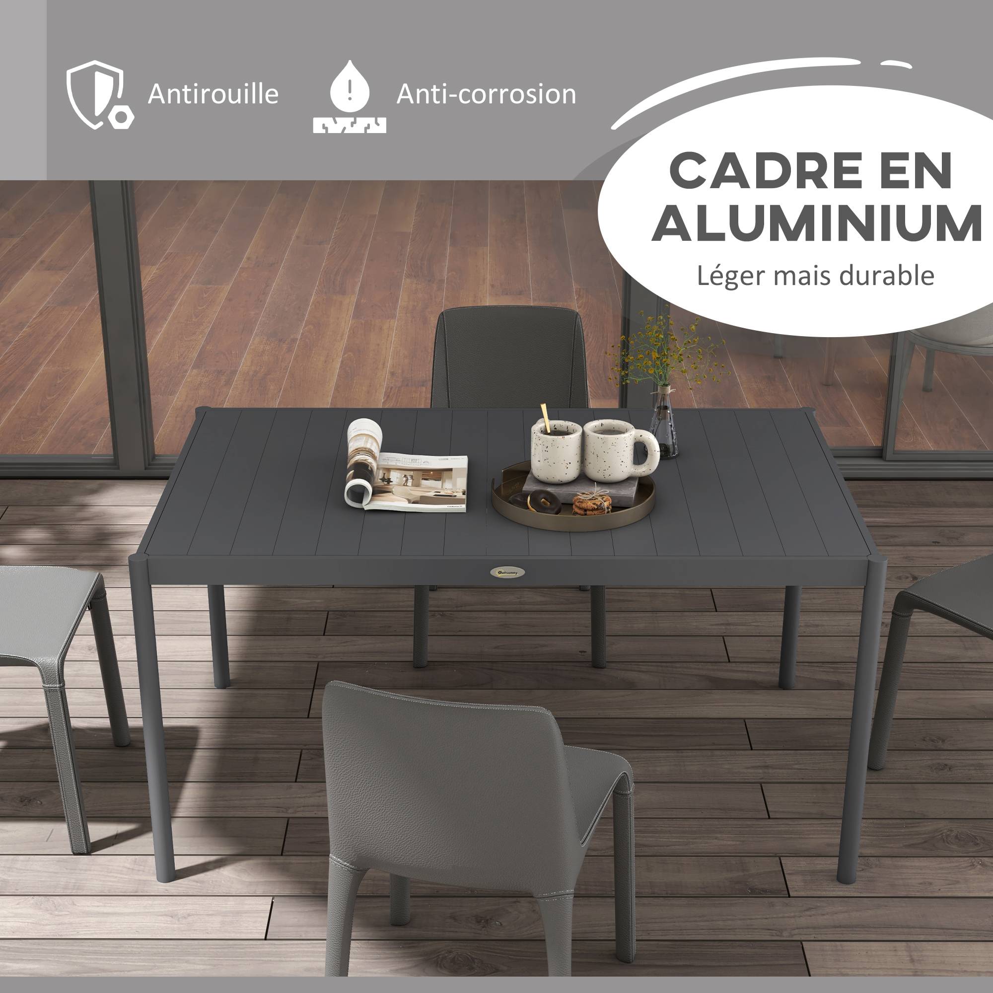 Table de jardin extérieur aluminium 6 personnes plateau lattes 145x90x74cm gris - ComfortXL Outdoor Living - Image 6