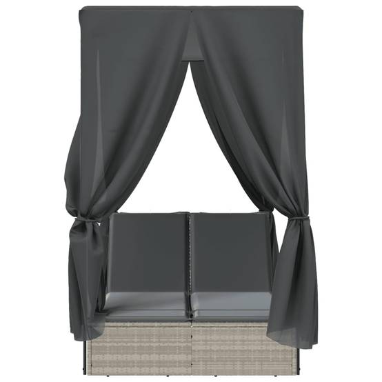 Chaise longue double avec toit et rideaux gris clair poly rotin 200 x 114 x 196 cm - PANGIVO - Image 4