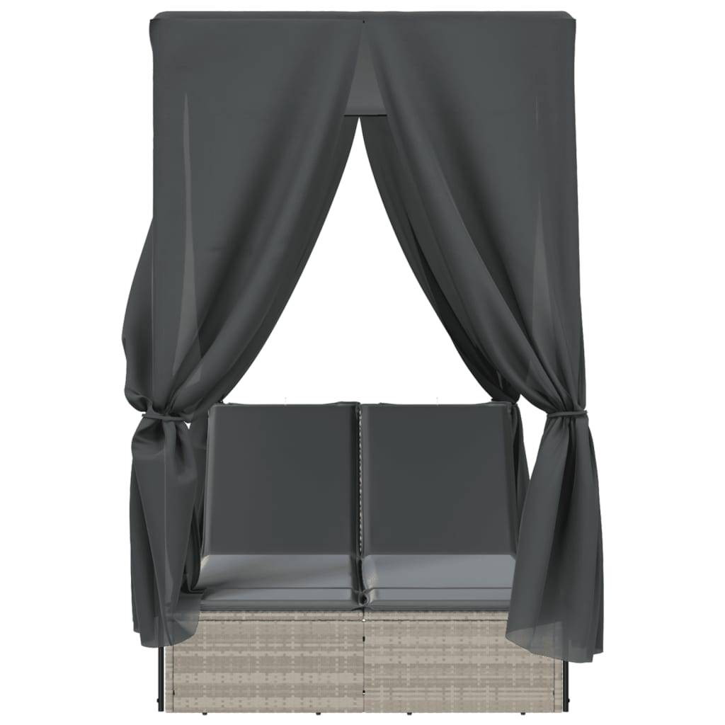 Chaise longue double avec toit et rideaux gris clair poly rotin 200 x 114 x 196 cm - PANGIVO - Image 4