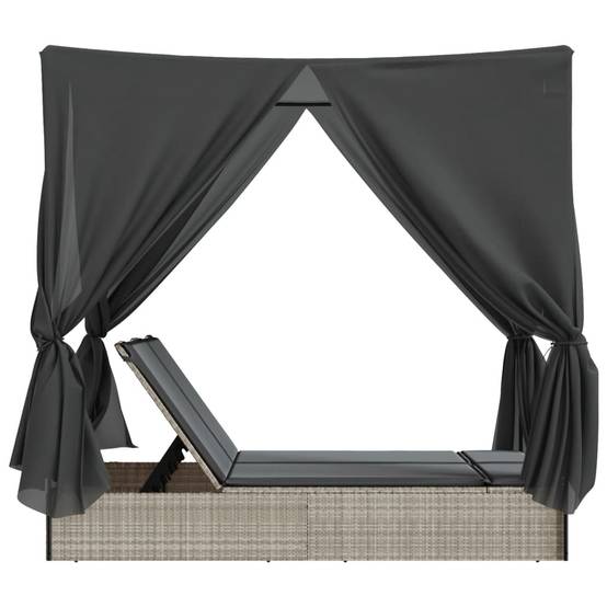 Chaise longue double avec toit et rideaux gris clair poly rotin 200 x 114 x 196 cm - PANGIVO - Image 5